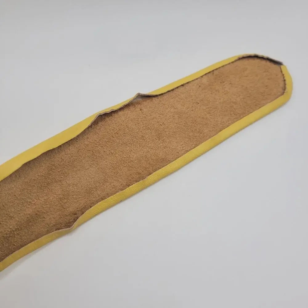 VTG Yellow Leather Belt Medium Wide Waist Gold Sculptural Buckle Boho Statement